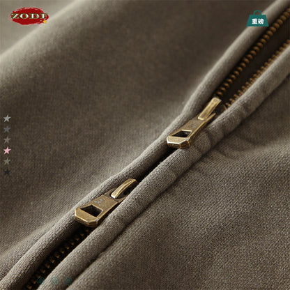 ZODF Retro Winter Men Washed Fleece Zipper Jackets Unisex Loose Oversized 400gsm Raglan Sleeve Coats Streetwears HY0649