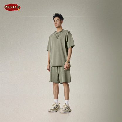 ZODF Retro Summer Washed 370gsm Cotton Shorts For Men Unisex High Street Loose Edge Distressed Solid Shorts Brand Clothes HY1023