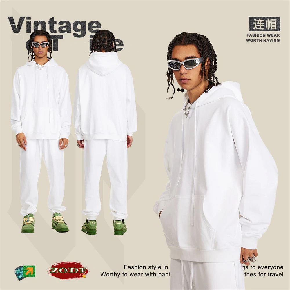 ZODF New Autumn Winter Solid Heavy Weight Hoodies For Men Unisex Basic Loose 440gsm Knitted Hooded Pullovers HY0886