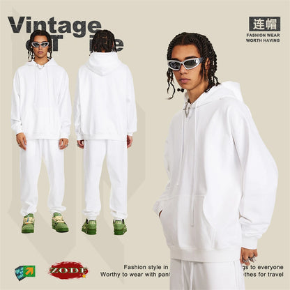 ZODF New Autumn Winter Solid Heavy Weight Hoodies For Men Unisex Basic Loose 440gsm Knitted Hooded Pullovers HY0886