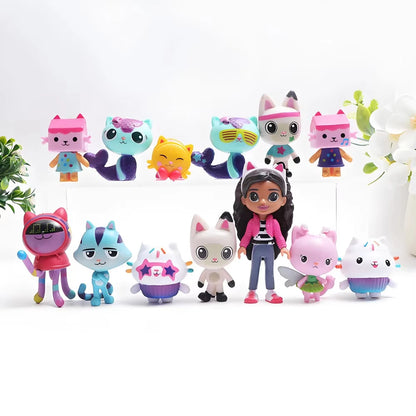 Hot 13pcs Gabby Dollhouse Anime Figure Toy Smiling Car Cat Hug Gaby Girl Dolls Mercat Cartoon Action Figure Xmas Birthday Gifts