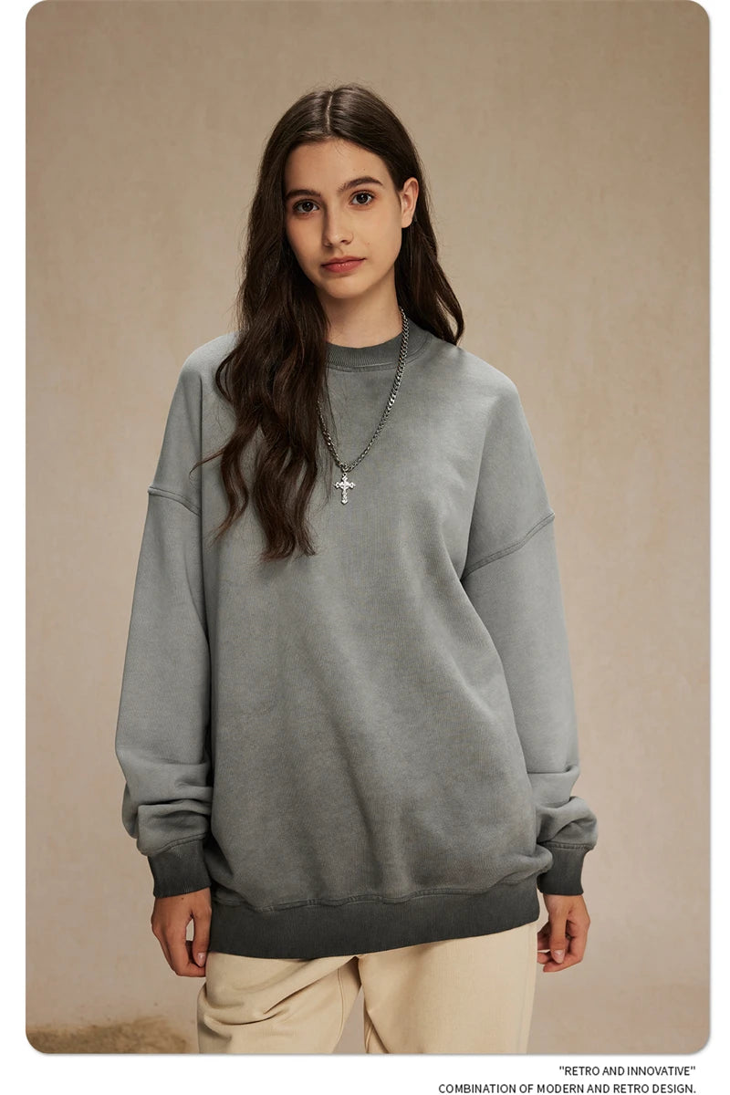 ZODF 2024 Autumn Men's Washed Sweatshirt Unisex Women Retro Solid 430gsm Terry Cotton O Neck Pullovers Coat HY0880