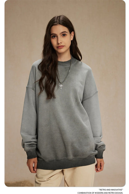 ZODF 2024 Autumn Men's Washed Sweatshirt Unisex Women Retro Solid 430gsm Terry Cotton O Neck Pullovers Coat HY0880