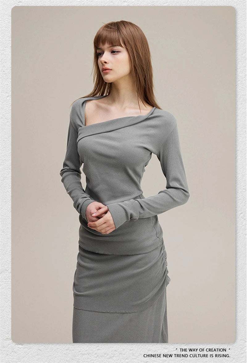 ZODF Retro Sexy Women Autumn Washed 275gsm T Shirt Ladies Girls Distressed Side Pleated Full Sleeve T-Shirts Tees HY1107