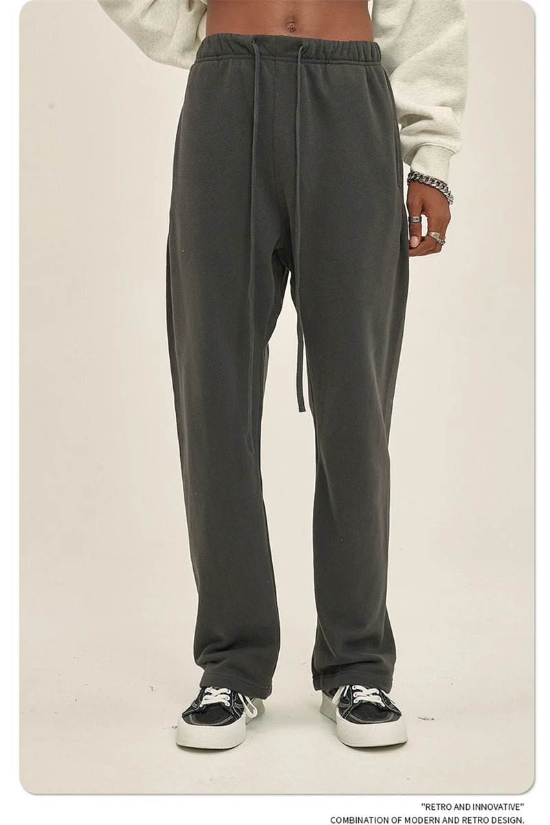 ZODF Fashion 2024 Men Loose Straight Pants Unisex 365gsm Retro Comfortable Sport Solid Drawstring Trousers HY0588