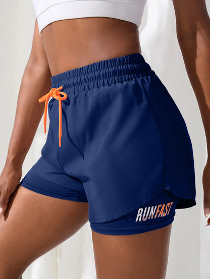 Women’s High Rise Elastic Waist Yoga and Running Shorts Fake Two-Piece Design - navy blue / L