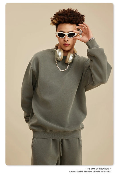 ZODF New Men Winter 355gsm Washed Fleece Sweatshirts Retro Unisex Oversized Solid O-Neck Warm Pullovers Coat Streetwears HY0639