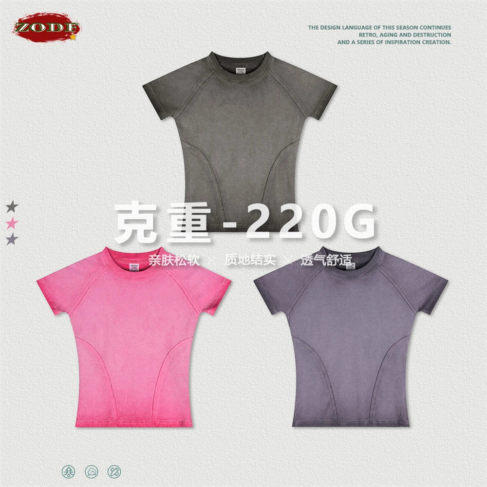 ZODF 2024 Summer Hotweet Washed T Shirt For Women Girls Gradient Raglan Sleeve Comfortable Short Tees Brand Tees HY0826
