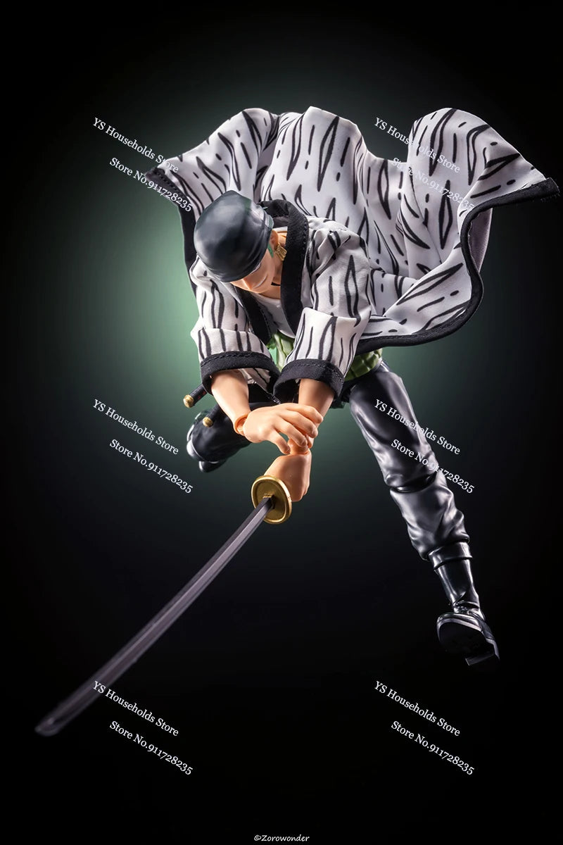 1/12 Anime One Piece Roronoa Zoro Man Soldier Mini Hemline Long Black Green Windbreaker Coat Toys Accessory For 6" Shf Figure