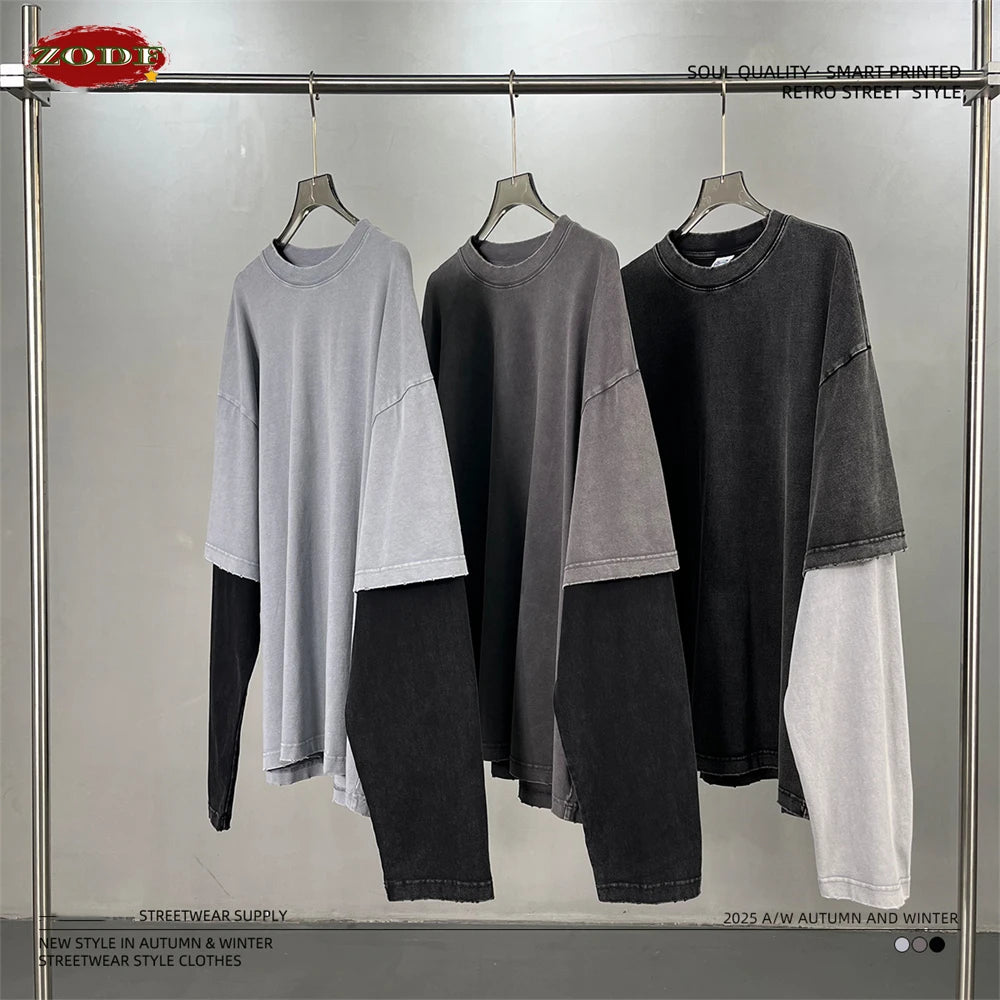 ZODF Retro Fake 2-Piece Cotton T-Shirts For Man Unisex Distressed Full Sleeve Washed O Neck T Shirt Brand Tees HY1156