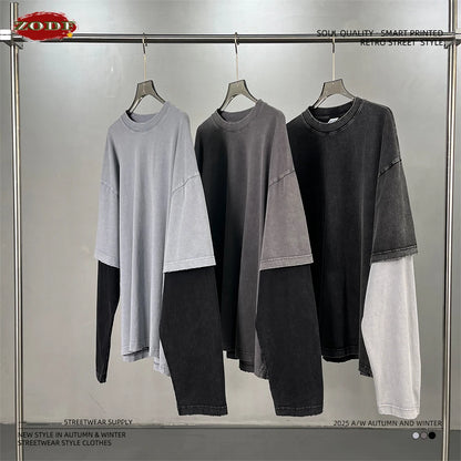 ZODF Retro Fake 2-Piece Cotton T-Shirts For Man Unisex Distressed Full Sleeve Washed O Neck T Shirt Brand Tees HY1156