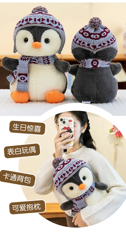 20-35cm Cute Penguin Wear Hat & Scarf Plush Toys Stuffed Animal Penguin Backpack Bags for Kids School Birthday Gift Xmas Decor