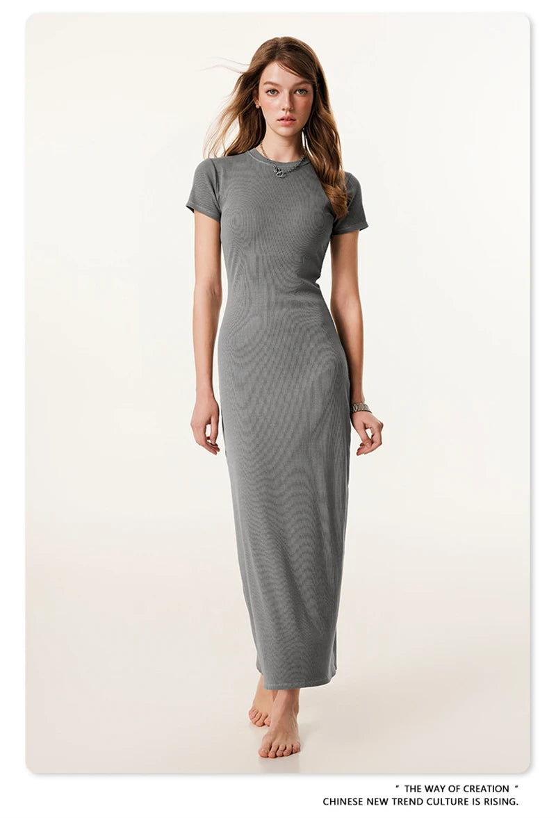 ZODF Sexy 2025 Spring Women 275gsm Long Dress Female Girls O Neck Washed Distressed Slim Slit Fit Dresses HY1008