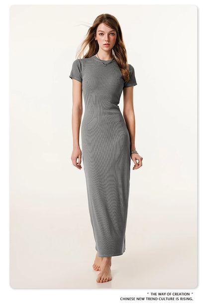 ZODF Sexy 2025 Spring Women 275gsm Long Dress Female Girls O Neck Washed Distressed Slim Slit Fit Dresses HY1008