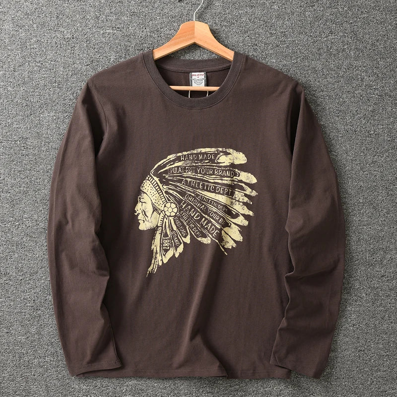 Autumn New American Retro Long Sleeve O-neck Indian Printed T-shirt Men's Fashion 100% Cotton Washed Casual Bottoming Tops