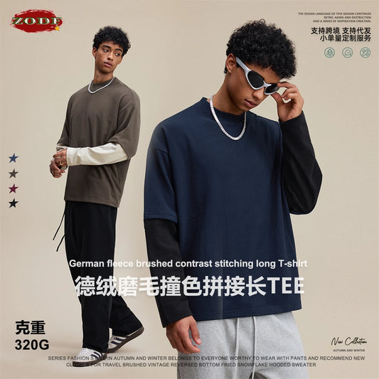 ZODF 2025 Autumn Man Fake 2 Pieces 320gsm T-Shirt Unisex Oversized Contrast Color Long Sleeve T Shirts Brand Clothing HY1090
