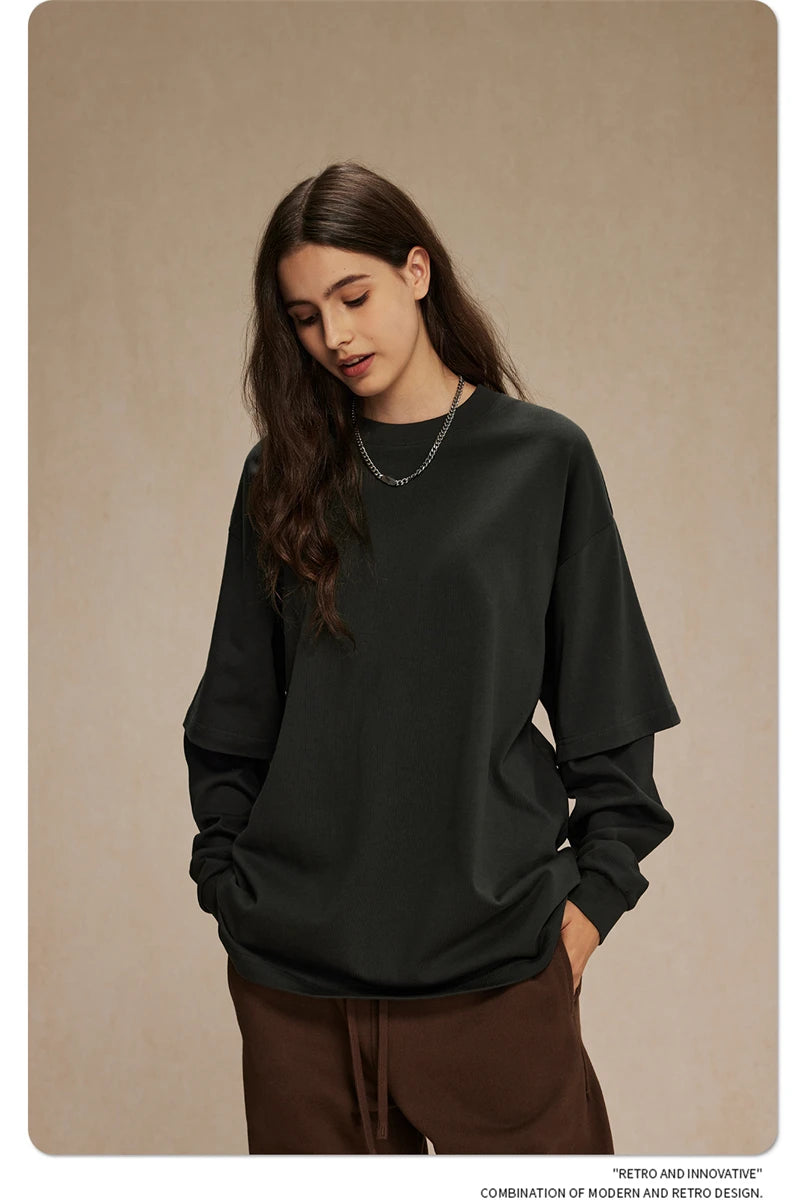 ZODF Fashion Spring Autumn Men 100% Cotton T-Shirt Unisex Fake 2-Piece 305gsm Solid Full Sleeve O Neck T Shirt Brand Tees HY0925