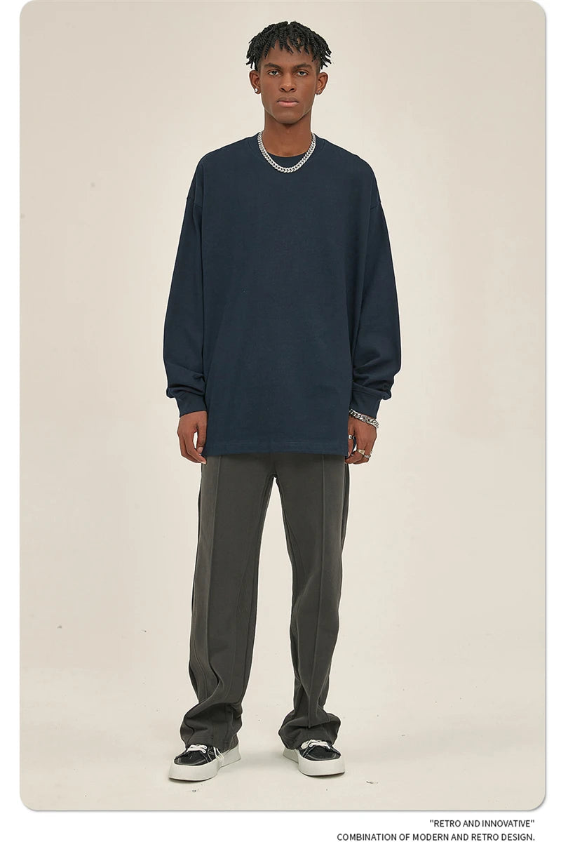 ZODF New 2025 Autumn Men 305gsm 100% Cotton T Shirt Unisex Loose Heavy Weight Basic Long Sleeve Solid T-Shirts Tops HY0634