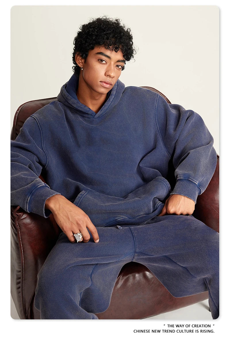 ZODF Winter Autum Men's Washed 400gsm Fleece Hoodies Unisex Couple Retro Oversized Ripped Hooded Sweatshirts Pullovers HY0652