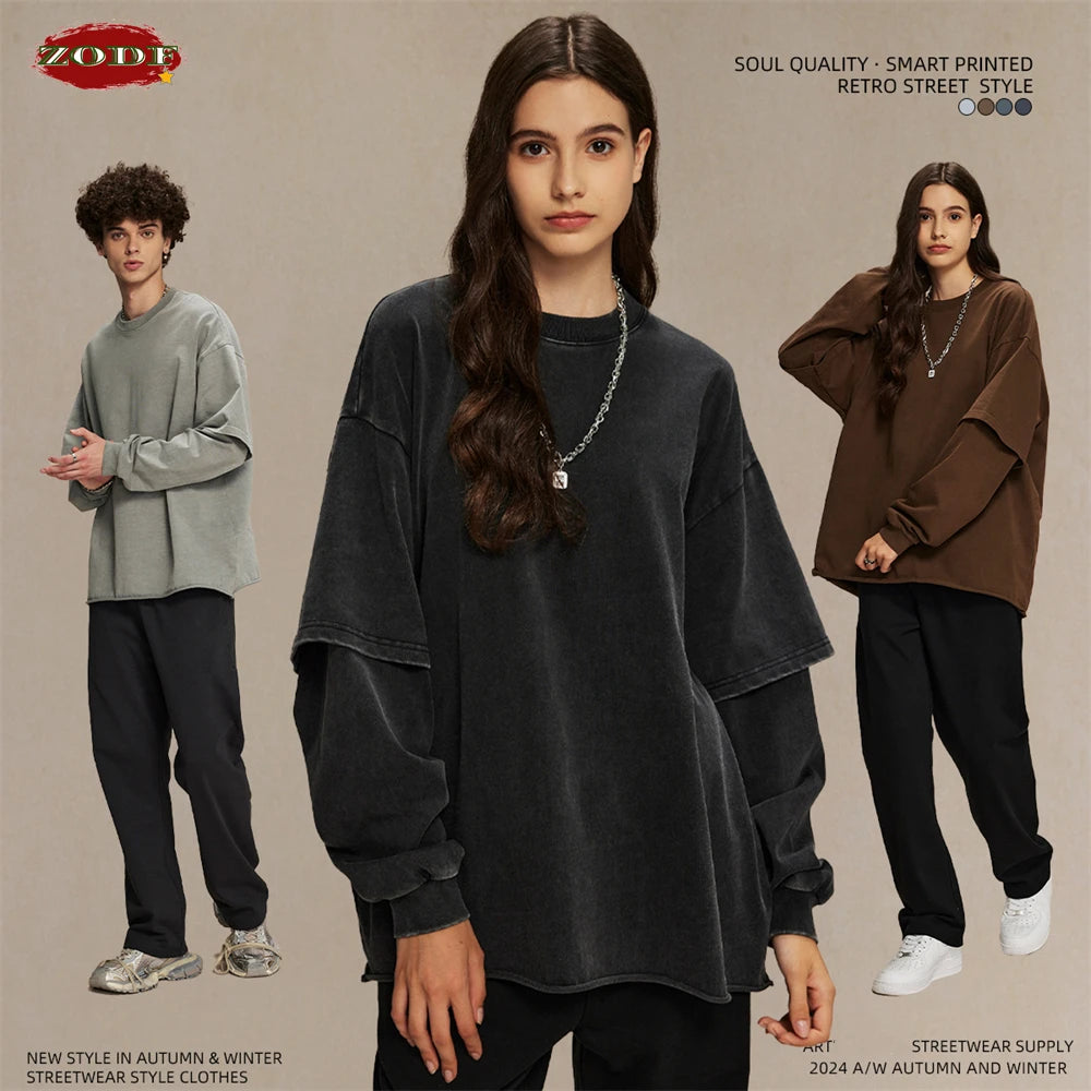 ZODF Retro Autumn Men Washed Cotton T-Shirts Unisex Loose Edge Fake 2-Piece 345gsm Full Sleeve O Neck T Shirt Brand Tops HY0928