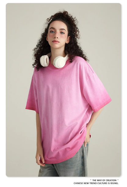 ZODF 2023 Men's Summer 255G Wash Gradient Fried Cotton T Shirt Round Neck Short Sleeve American Retro Loose T-Shirt HY0547