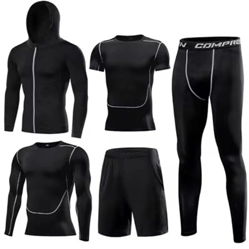Men’s 5pcs MMA Boxing Suit Set Rashguard Compression Long-Sleeve T-Shirt & Leggings Tracksuit - black / XXL