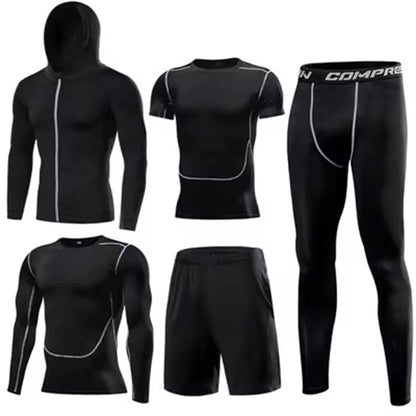 Men’s 5pcs MMA Boxing Suit Set Rashguard Compression Long-Sleeve T-Shirt & Leggings Tracksuit - black / XXL