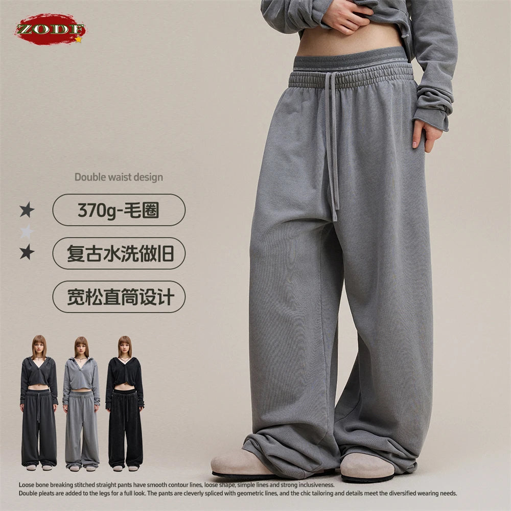 ZODF Retro Women Washed 370gsm Straight Pants Vintage Girls Female Loose Double Waist Wide Leg Cotton Trousers HY1150