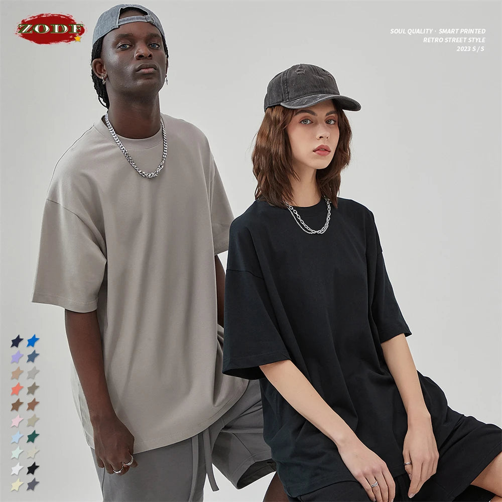 ZODF 2025 Spring Summer Men Solid 100% Cotton T-Shirts Unisex Women Loose 230gsm Noshrink Basic T Shirt Brand Tops HY0151