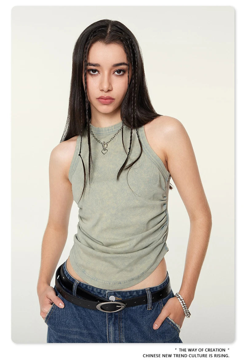 ZODF Women 2024 Summer Washed Tank Tops Female Hotsweet Girls 235gsm Slim Pleated Arc Hem Camisole TEE Streetwears HY0795
