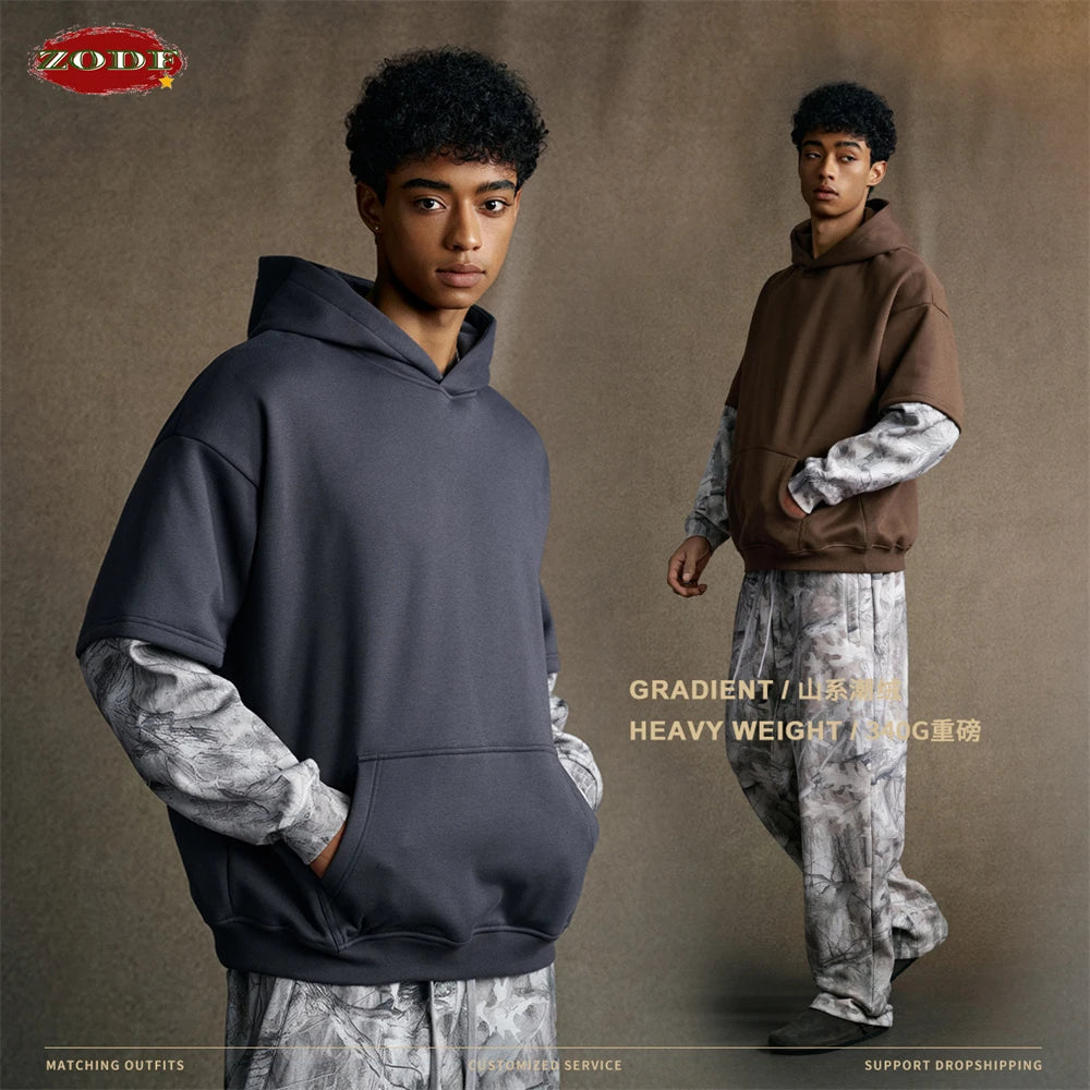ZODF Fashion Winter Fake 2-Piece 340gsm Fleece Hoodies For Men Unisex High Street Camouflage Sleeve Hooded Pullovers HY1153