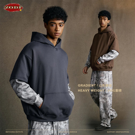ZODF Fashion Winter Fake 2-Piece 340gsm Fleece Hoodies For Men Unisex High Street Camouflage Sleeve Hooded Pullovers HY1153