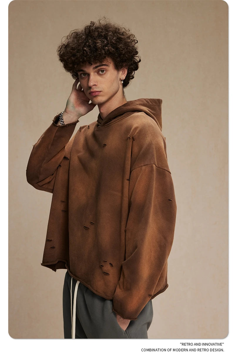 ZODF New Autumn Winter Men Monkey Washed Hoodies Unisex Disstressed Ripped Heavyweight Knitted 450gsm Hooded Pullovers HY0909