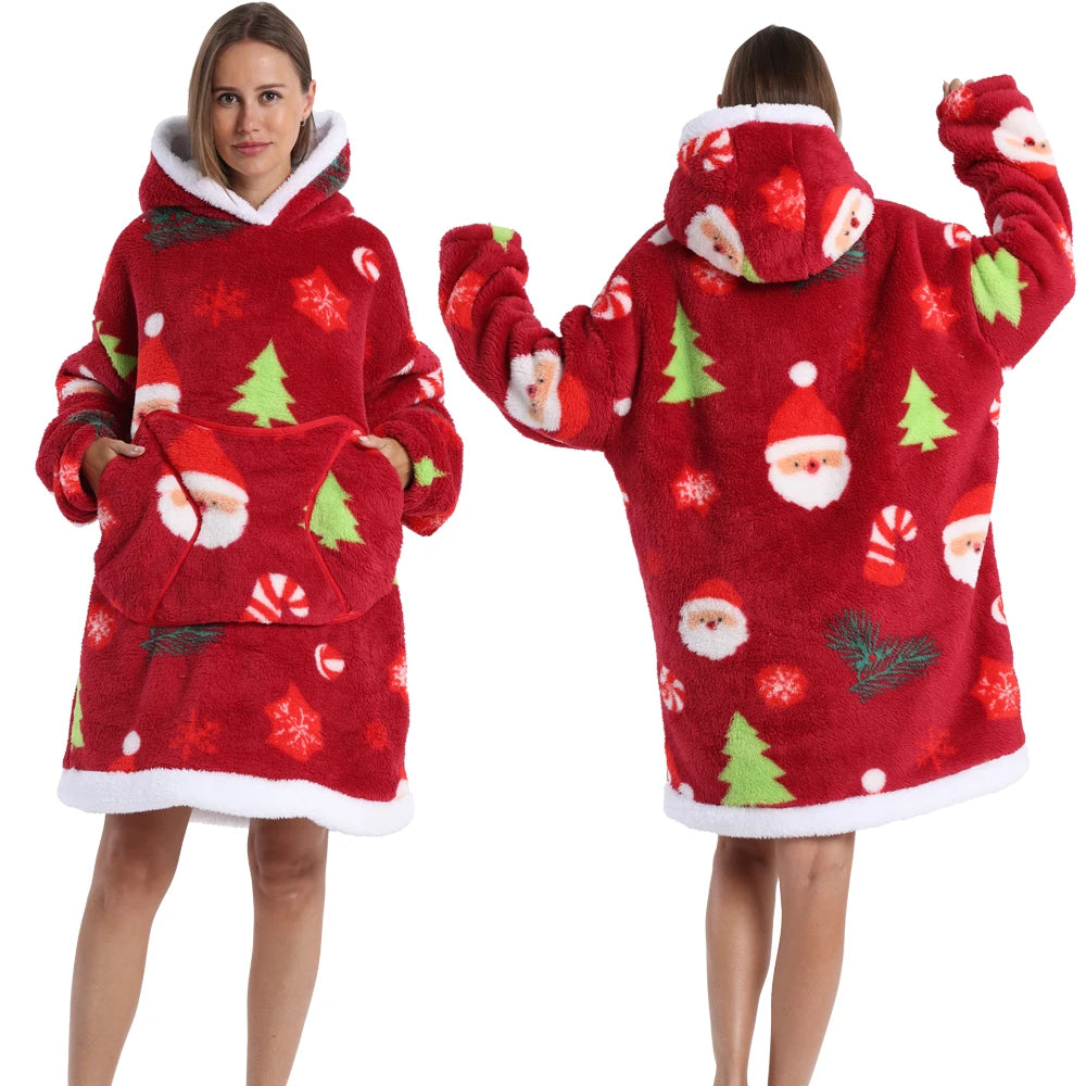 Short/Long Wearable Blankets Christmas Hoodies Winter Flannel Hooded Blanket with Full Sleeves Men Women Warm Adult TV Blanket
