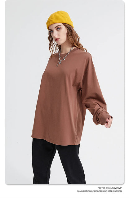 ZODF Retro Autumn Full Sleeve Washed 100% Cotton T-Shirts For Men Unisex Solid Casual Loose 310gsm Tee Brand Tops HY0405