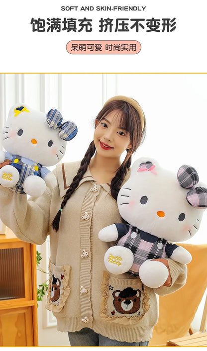 Sanrio Hello Kitty Plush Toy Retro Plaid Skirt Kitty Doll Stuffed Animal Creative Gift for Kids Birthday Christmas Girls Pillow