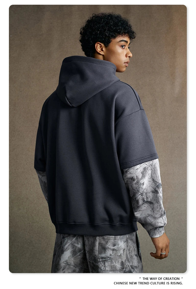 ZODF Fashion Winter Fake 2-Piece 340gsm Fleece Hoodies For Men Unisex High Street Camouflage Sleeve Hooded Pullovers HY1153