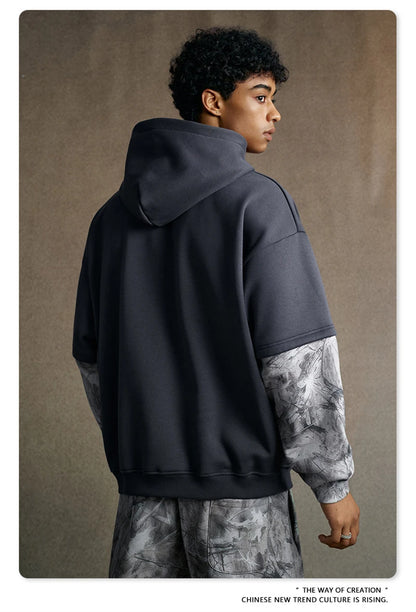 ZODF Fashion Winter Fake 2-Piece 340gsm Fleece Hoodies For Men Unisex High Street Camouflage Sleeve Hooded Pullovers HY1153