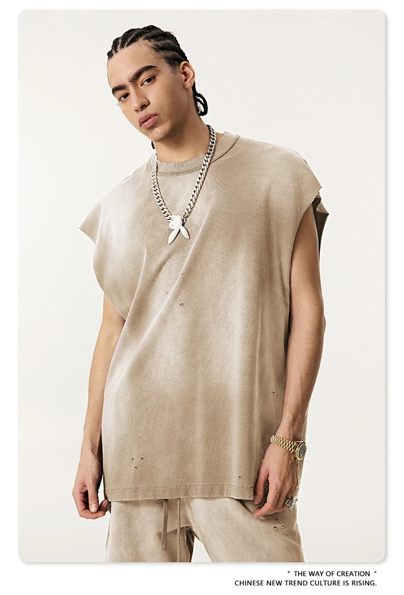 ZODF 2025 Summer 285gsm Washed Tank Tops For Men Unisex American Retro Cut Distressed Oversized Sleeveless TEE Vest HY1006