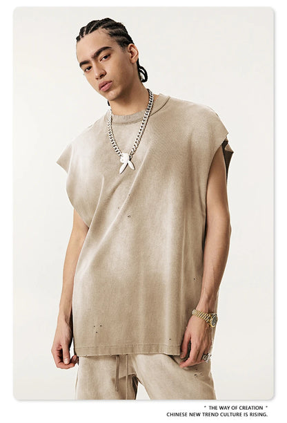 ZODF 2025 Summer 285gsm Washed Tank Tops For Men Unisex American Retro Cut Distressed Oversized Sleeveless TEE Vest HY1006