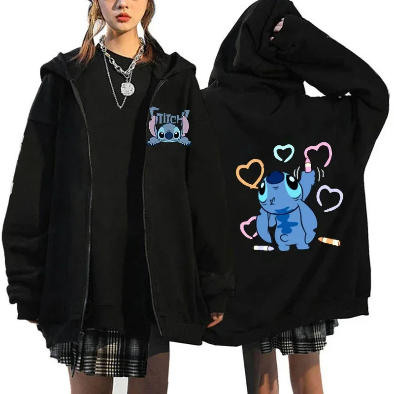 Womens Black Zip Hoodie Lilo & Stitch Mascot Costume Womens Winter Jacket Sale Sweater Aesthetic Pattern Hoodie Outerwear