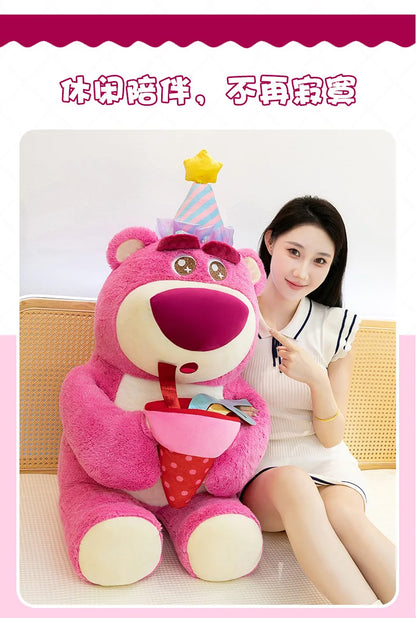 Disney Plush Strawberry Bear Doll with Birthday Hat Cute Stuffed Animal for Kids Birthday Xmas Gift Perfect Toy for Children And