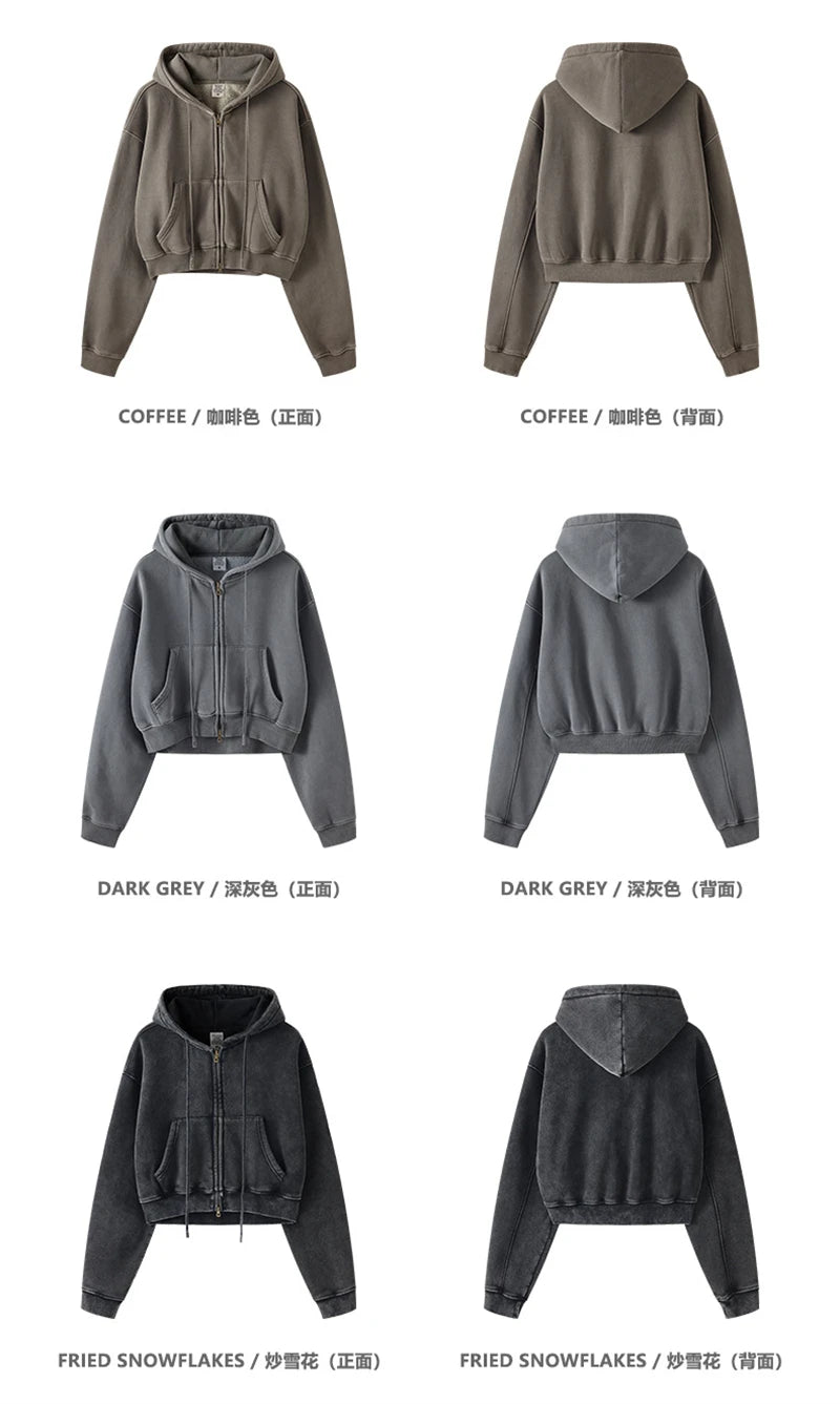 ZODF Retro 2025 Winter Women Short Zipper Hoodies Female Girls Loose 355gsm Thick Fleece Hooded Zip-up Coat Streetwears HY0448