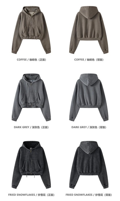 ZODF Retro 2025 Winter Women Short Zipper Hoodies Female Girls Loose 355gsm Thick Fleece Hooded Zip-up Coat Streetwears HY0448