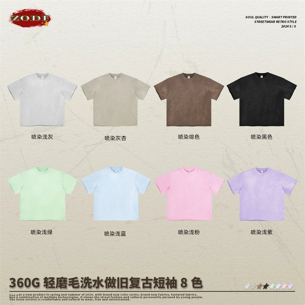 ZODF Spring Summer Men Washed Spray Dyeing T Shirts Unisex Heavy Weight Plush Distressed 360gsm T-Shirt Brand Tops HY0780