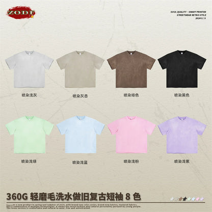 ZODF Spring Summer Men Washed Spray Dyeing T Shirts Unisex Heavy Weight Plush Distressed 360gsm T-Shirt Brand Tops HY0780