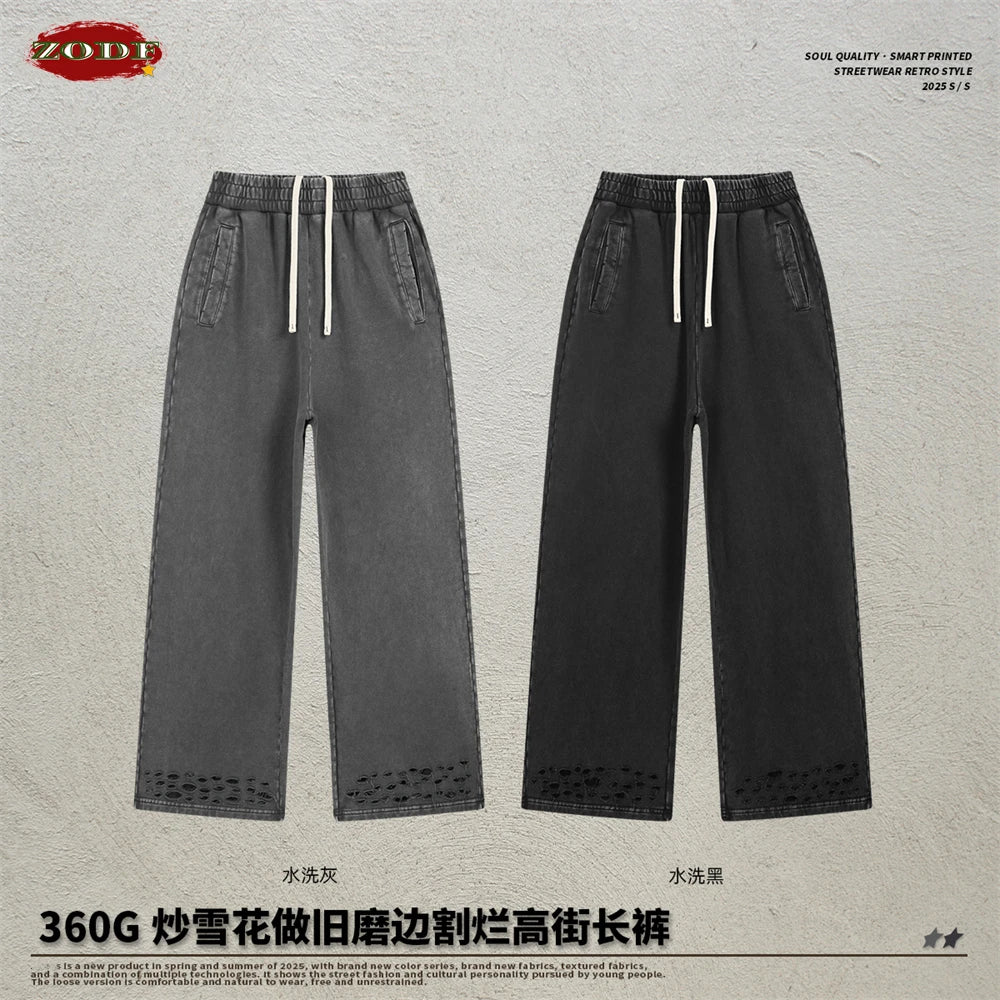 ZODF 2025 Autumn Men Washed Cotton Terry Pants 380gsm Distressed Oversized Straight Sport Trousers Streetwear HY1075