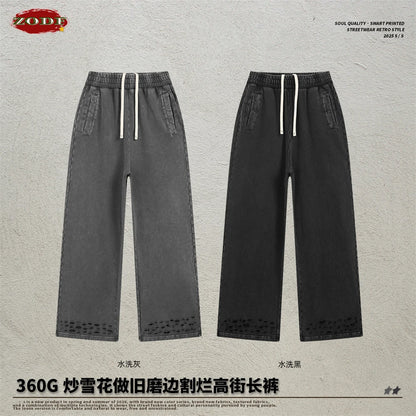 ZODF 2025 Autumn Men Washed Cotton Terry Pants 380gsm Distressed Oversized Straight Sport Trousers Streetwear HY1075