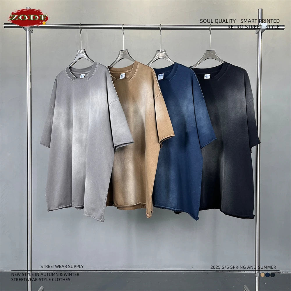ZODF Retro Summer Men Washed 100% Cotton T-Shirts Unisex High Street Oversized Distressed Broken Neck T Shirt Brand Tees HY1050