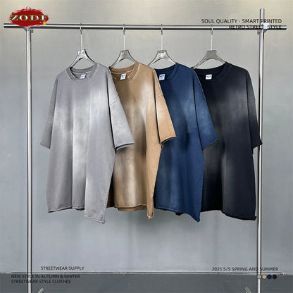 ZODF Retro Summer Men Washed 100% Cotton T-Shirts Unisex High Street Oversized Distressed Broken Neck T Shirt Brand Tees HY1050